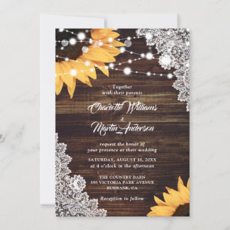 Rustic Country Wood Lace Sunflower Wedding Invitation