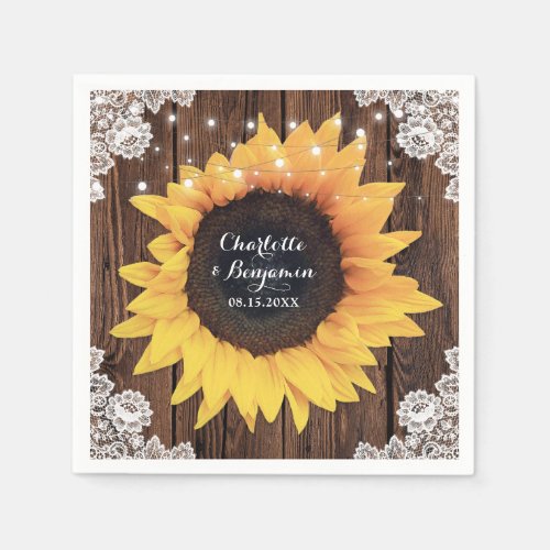Rustic Country Wood Lace Sunflower Wedding Napkins