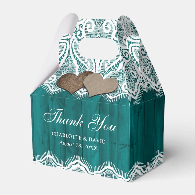 Rustic Country Wood Lace Teal Wedding Favor Boxes (Front Side)