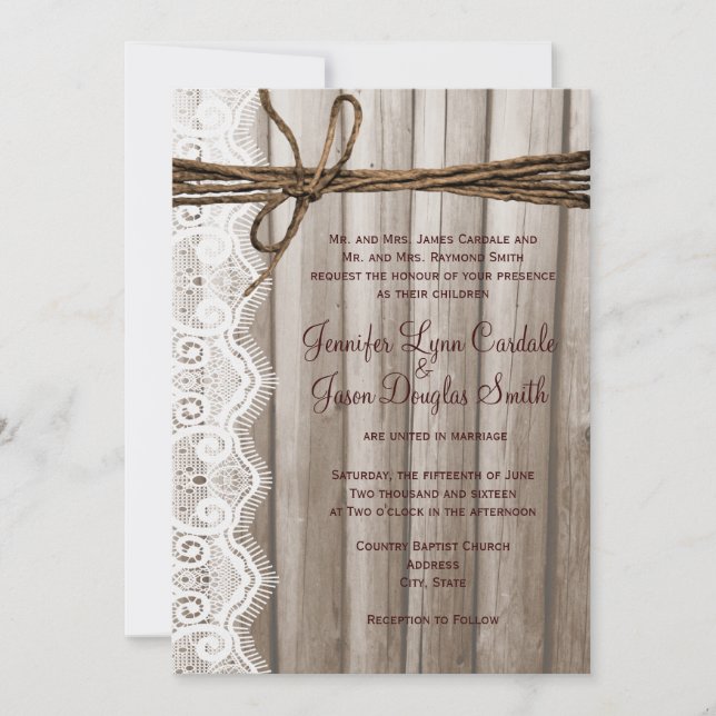Rustic Country Wood Lace Twine Wedding Invitations (Front)