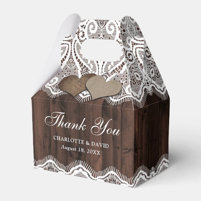 Rustic Country Wood Lace Wedding Favor Boxes (Front Side)
