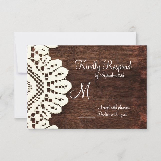 Rustic Country Wood Lace Wedding RSVP Cards (Front)