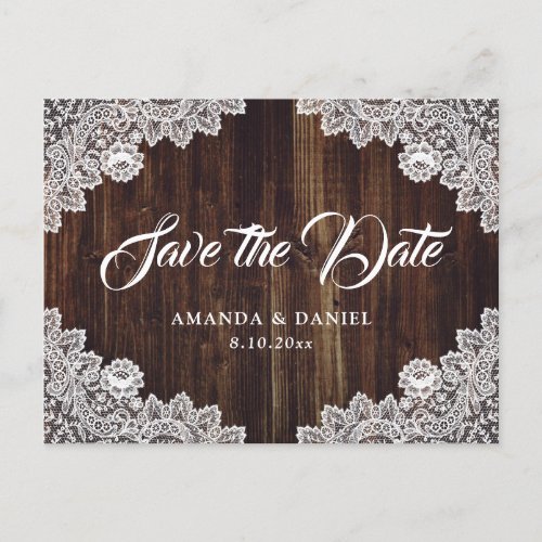 Rustic Country Wood Lace Wedding Save The Date Announcement Postcard
