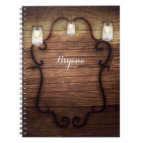 Rustic Country Wood  Lighted Mason Jars Notebook