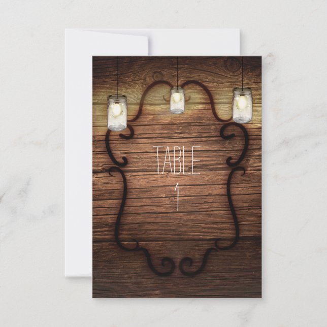 Rustic Country Wood & Lighted Mason Jars Table Invitation (Front)