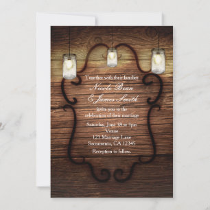 Rustic Country Wood & Lighted Mason Jars Wedding Invitation