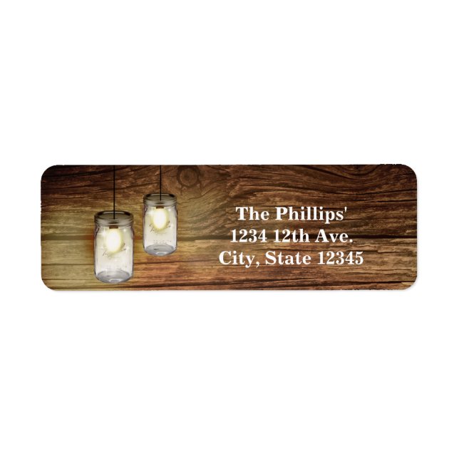 Rustic Country Wood & Lighted Mason Jars Wedding Label (Front)