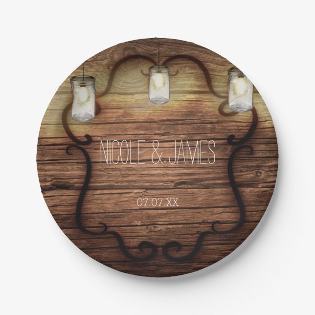 Rustic Country Wood & Lighted Mason Jars Wedding Paper Plates (Front)