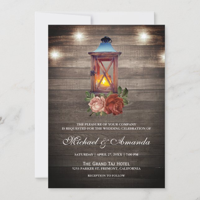 Rustic Country Wood Lights Floral Lantern Wedding Invitation (Front)
