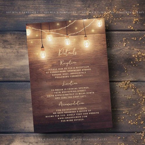 Rustic Country Wood Lights Lace Wedding Details Enclosure Card