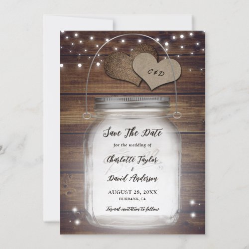 Rustic Country Wood Lights Mason Jar Wedding Save The Date