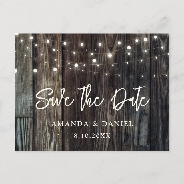 Rustic Country Wood Lights Wedding Save The Date Postcard (Front)