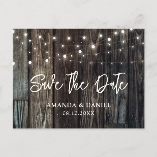 Rustic Country Wood Lights Wedding Save The Date Postcard