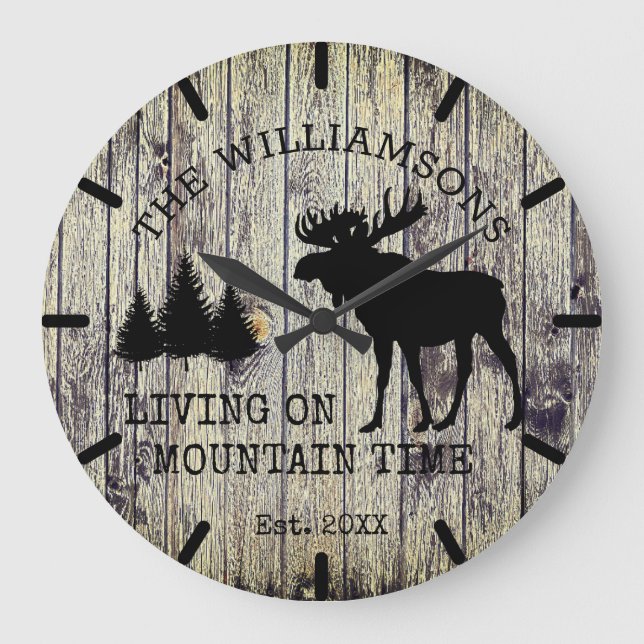 Rustic Country Wood Living on Mountain Time Moose Large Clock (Front)
