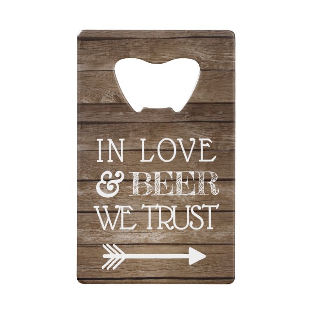 Rustic Country Wood Look Wedding Beer Credit Card Bottle Opener (Front)