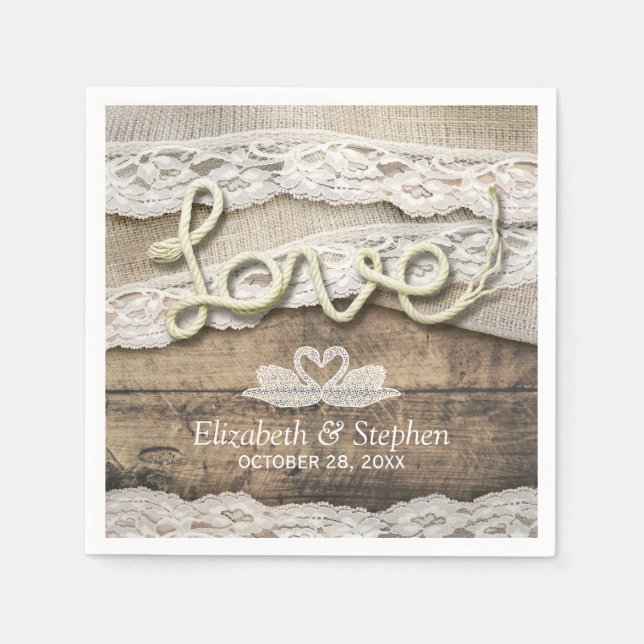 Rustic Country Wood Love Rope Burlap Lace Wedding Napkins (Front)