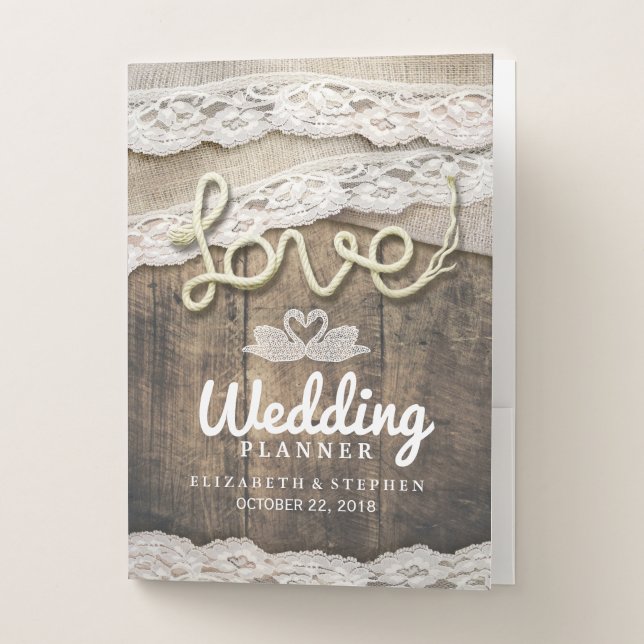 Rustic Country Wood Love Rope Lace Wedding Planner Pocket Folder (Front)