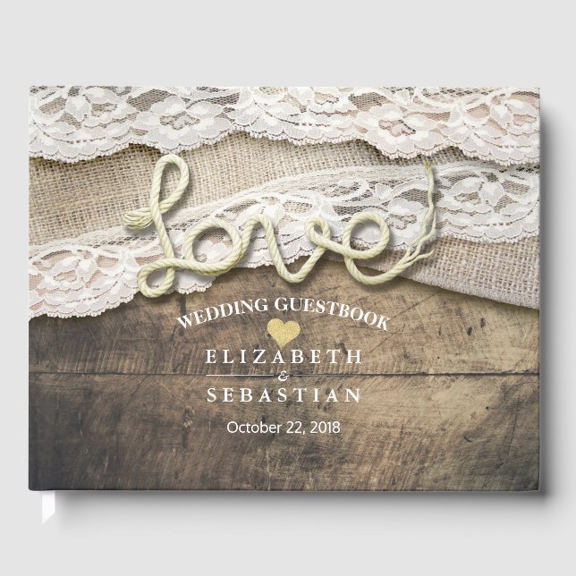 Rustic Country Wood Love Rope Wedding Guestbook (Front)