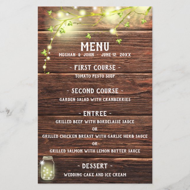 Rustic Country Wood Mason Jar Lights Wedding Menu (Front)