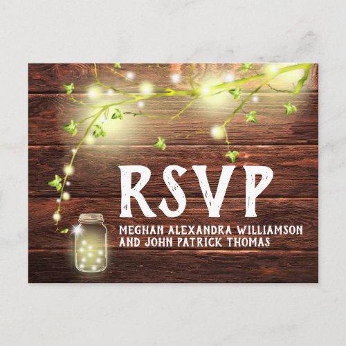 Rustic Country Wood Mason Jar String Lights RSVP Postcard