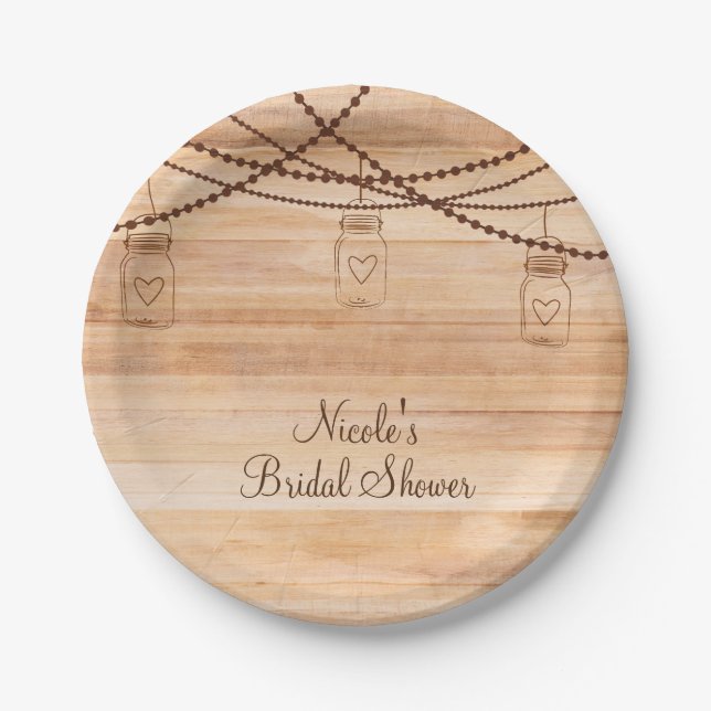 Rustic Country Wood & Mason Jars Barn Wedding Paper Plates (Front)