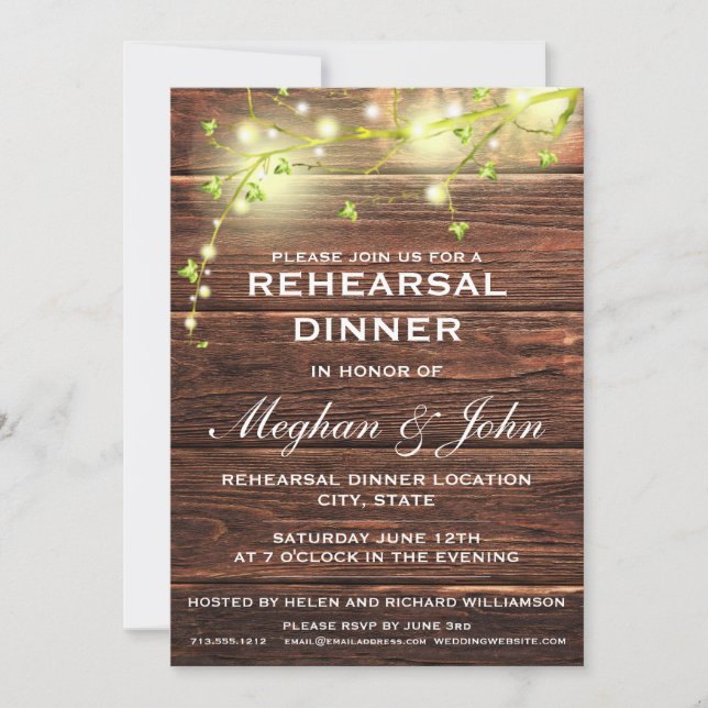 Rustic Country Wood Mason Lights Rehearsal Dinner Invitation (Front)