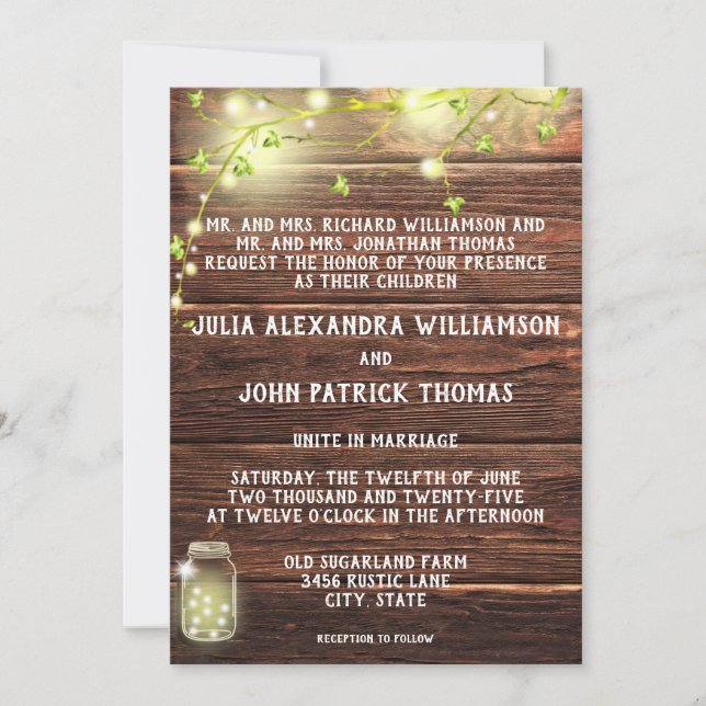 Rustic Country Wood Mason String Lights Wedding Invitation (Front)