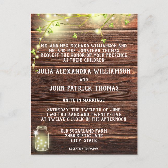 Rustic Country Wood Mason String Lights Wedding Invitation Postcard (Front)