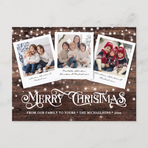 Rustic Country Wood Merry Christmas 3 Photo Holiday Postcard