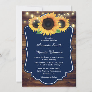 Rustic Country Wood Navy Blue Sunflower Wedding Invitation
