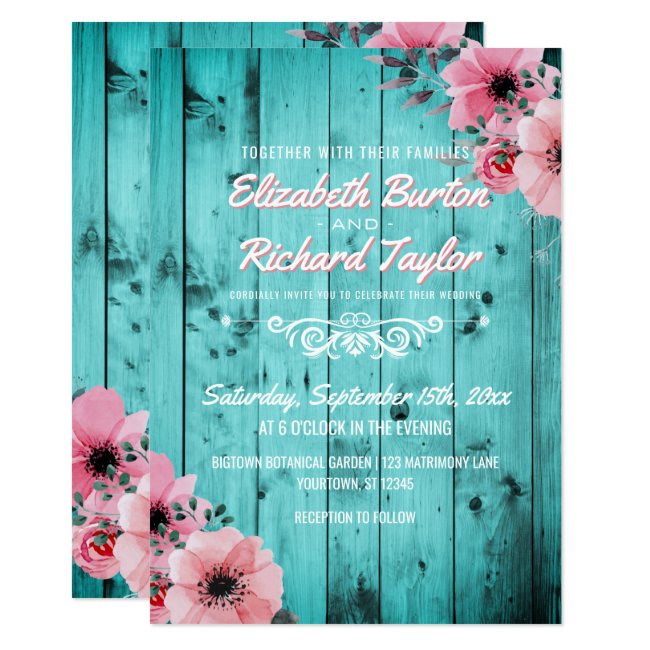 Rustic Country Wood Pink Floral Boho Teal Wedding Invitation
