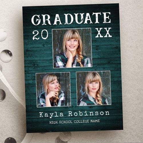 Rustic Country Wood Print 3 Photo Graduation Postcard