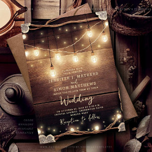 Rustic Country Wood String Lights Lace Wedding Invitation