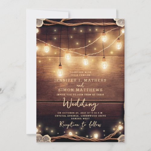 Rustic Country Wood String Lights Lace Wedding Invitation