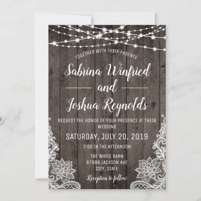 Rustic Country Wood String Lights Lace Wedding Invitation | Zazzle