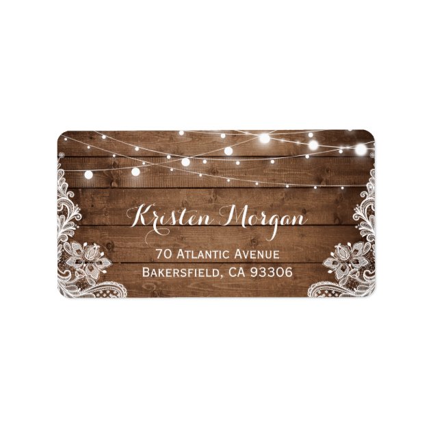 Rustic Country Wood String Lights Lace Wedding Label