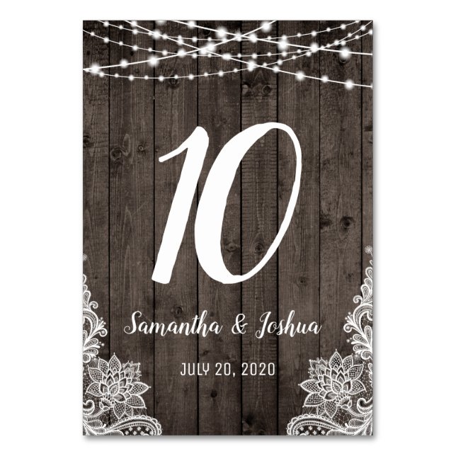 Rustic Country Wood String Lights Lace Wedding Table Number (Front)