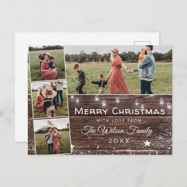 Rustic Country Wood String Lights Mason Jars Holiday Postcard (Front/Back)