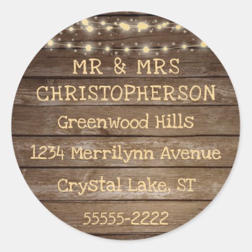 Rustic Country Wood  String Lights Return Address Classic Round Sticker