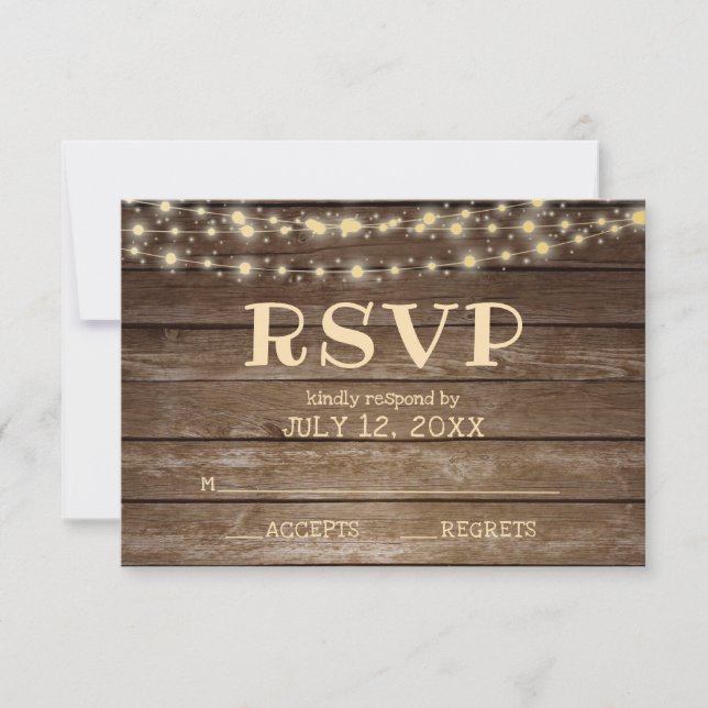 Rustic Country Wood & String Lights RSVP Card (Front)