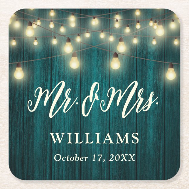 Rustic Country Wood String Lights Teal Wedding Square Paper Coaster (Front)