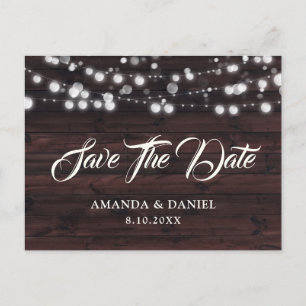 Rustic Country Wood String Lights Wedding Announcement Postcard