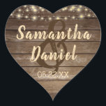Rustic Country Wood & String Lights Wedding Heart Sticker<br><div class="desc">Utilize these rustic wood and glowing yellow string lights for a variety of uses for rustic or country wedding SAVE THE DATE announcements, invitations, thank-you’s and favors. The text font style, color, size and placement can be changed by clicking the "click to customize further" tab. Contact the designer if you...</div>