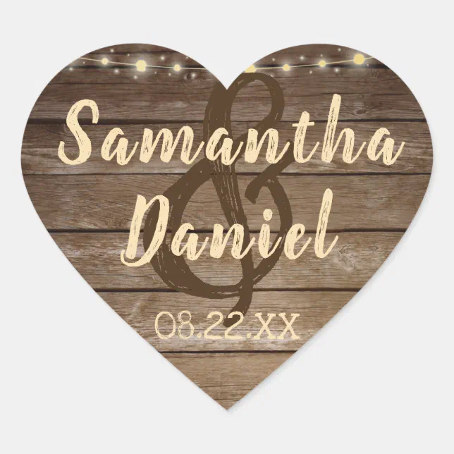 Rustic Country Wood & String Lights Wedding Heart Sticker | Zazzle