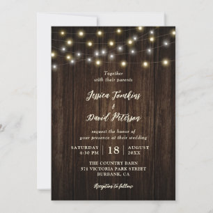 Rustic Country Wood String Lights Wedding Invitation