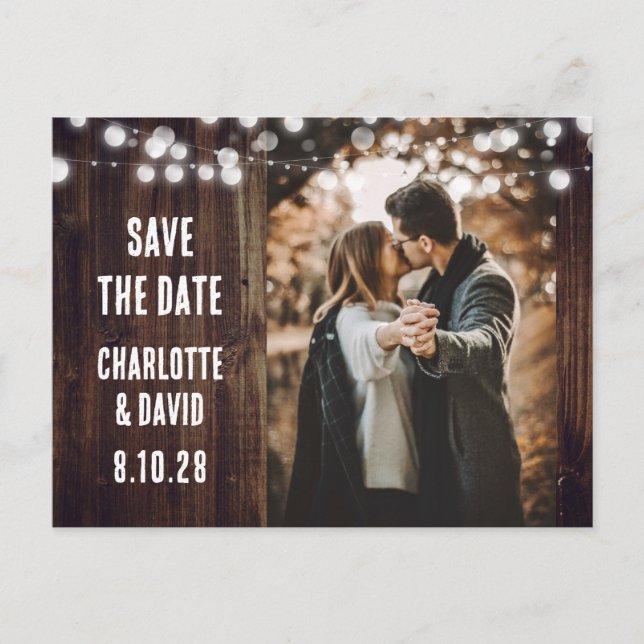 Rustic Country Wood String Lights Wedding Photo Announcement Postcard (Front)