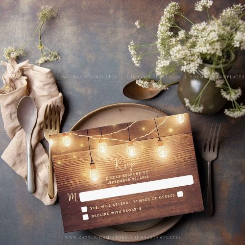 Rustic Country Wood String Lights Wedding RSVP Card