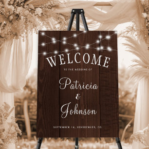 Rustic country wood string lights welcome wedding foam board