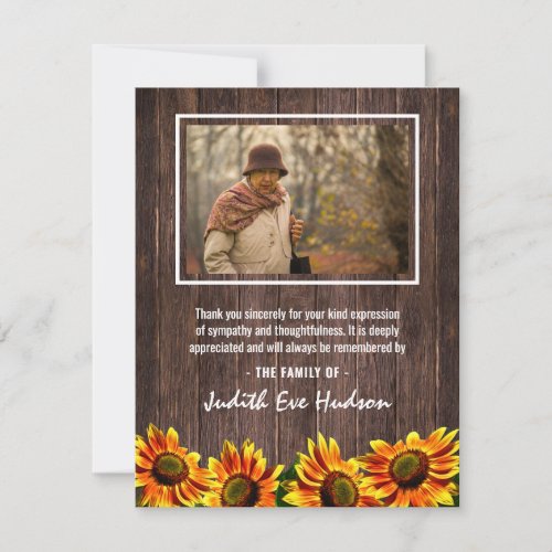 Rustic Country Wood Sunflower Funeral Photo Thank You Card