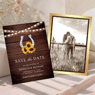 Rustic Country Wood Sunflower Horseshoe Wedding Save The Date